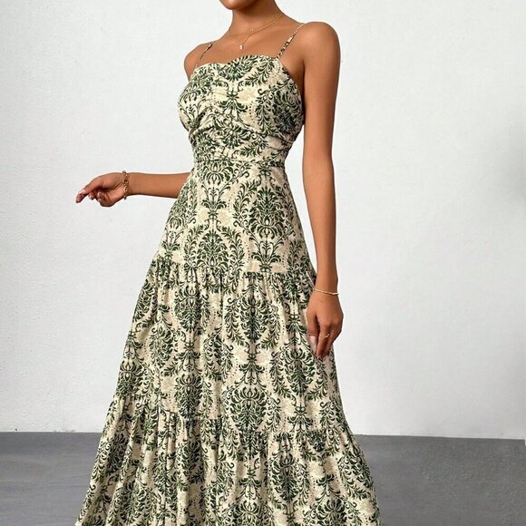 Army Green Boho Women's Vacation Printed Bohemian Backless Maxi Cami Dress - Picture 7 of 9